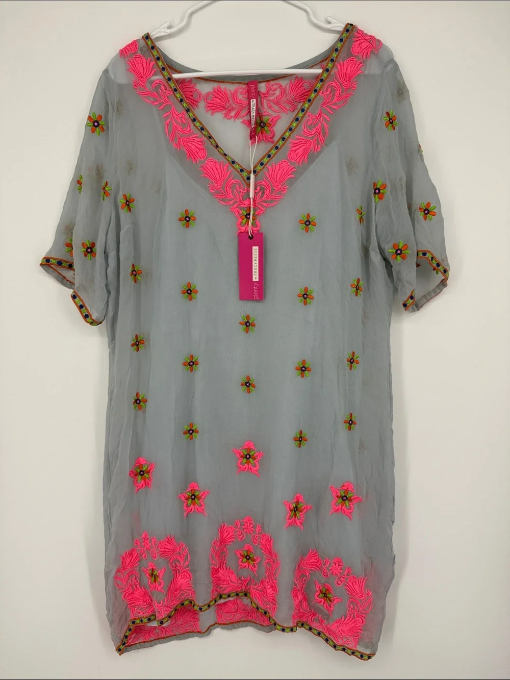 Tracy Reese | Light Blue Gray Tunic with Neon Pink Embroidery - Picture 1 of 4